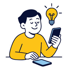 Creative person using smartphone, inspiration concept, light bulb idea