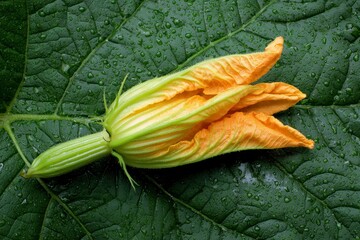 Yellow squash blossom atop a large textured green leaf speckled with water droplets