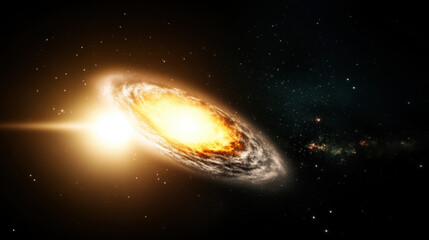 Fototapeta premium Glowing galaxy with swirling dust trails and radiant core illuminates dark expanse of space, evoking sense of cosmic wonder and infinite possibilities