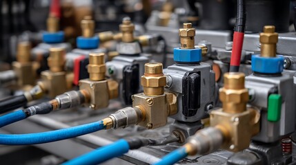 Close-up view of industrial pneumatic tools connected to a compressed air system, Complex industrial machinery, intricate valves and fittings, brass and steel components, .