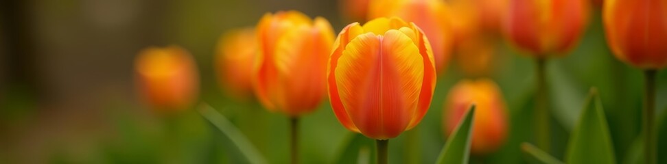 Macro shot of orange tulip in bloom with green leaves, flowers, macro