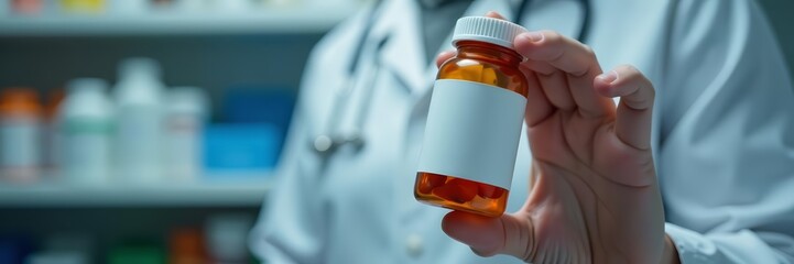 Macro shot of pharmacist hand holding pill bottle with label, prescription, drugstore