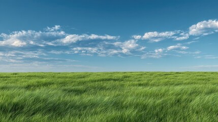 Fototapeta premium The verdant grass field under a clear blue sky and fluffy clouds.