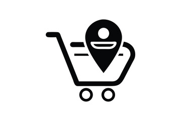 Happy Customer Location Pin on Shopping Cart:  Fast Delivery, Online Order Tracking, E-commerce,  Modern Minimalist Black and White Icon Graphic Illustration for Website or App.