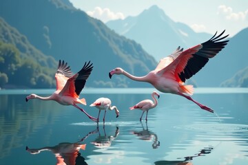 Majestic flamingos soar above serene waters in graceful flight, water, sky