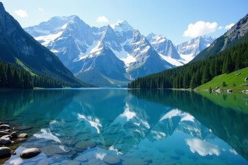 Majestic snow-capped mountains reflecting in crystal clear alpine lake, lake, reflection