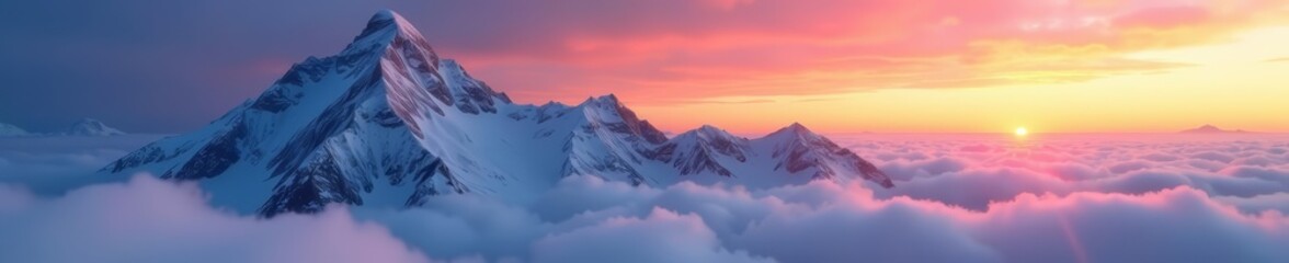 Majestic snowy mountain peak at sunset with fog rolling in, nature, snowy