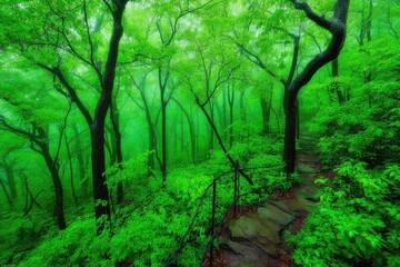 Lush, misty forest path