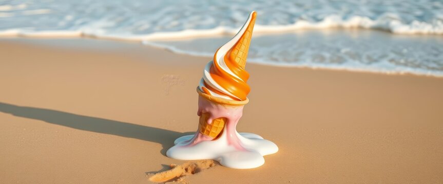 Melting ice cream cone on hot sand near ocean waves, creamy, heat
