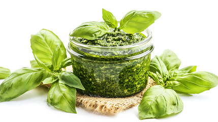 Glass jar filled with fresh pesto sauce surrounded by basil leaves on burlap.