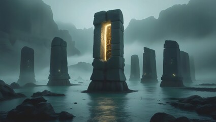 Ancient Portal: Glowing Gateways in a Mystical Stone Landscape