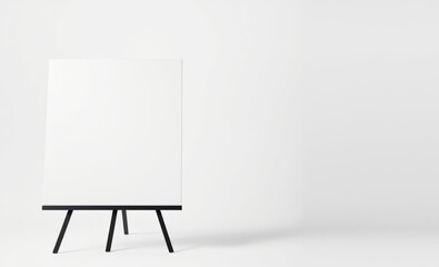 A pristine white canvas framed by a sleek black easel stands proudly against a pristine white background offering an elegant blank canvas for your artistic vision  professional presentation blank empt