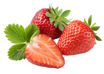 Fresh strawberries with leaves and enticing sliced piece showcasing natural juicy sweetness