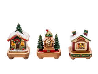Three festive christmas village houses with snow and lights isolated on transparent background