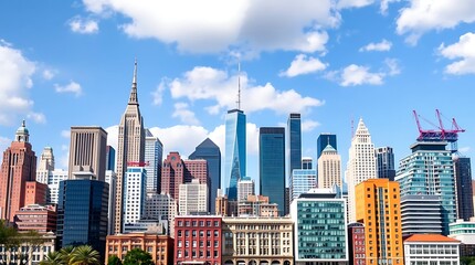 Fototapeta premium Modern City Skyline with Futuristic and Historical Buildings on White Background | Detailed Urban Architecture Illustration
