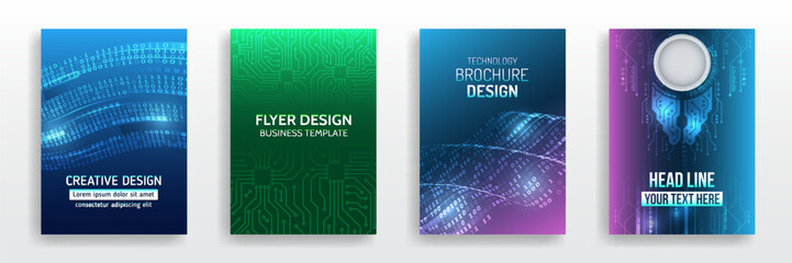 A set of futuristic flyer and brochure templates featuring binary code, glowing data waves and digital effects. Ideal for tech presentations, AI projects and IT business designs.