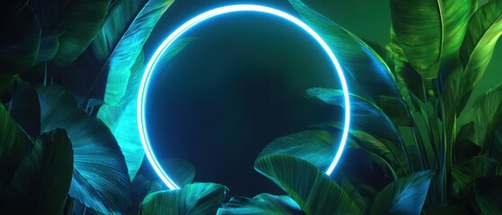 The glowing neon circle surrounded by lush tropical leaves and vibrant greenery.