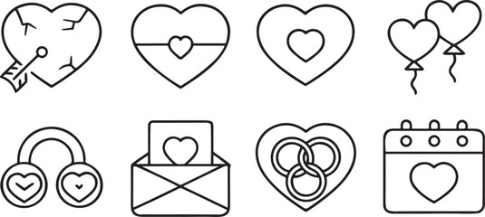 Love and relationship icon set, includes heart shape, broken heart, couple icon, hugging, heart ring, gift box, love letter, balloon, clean black line design