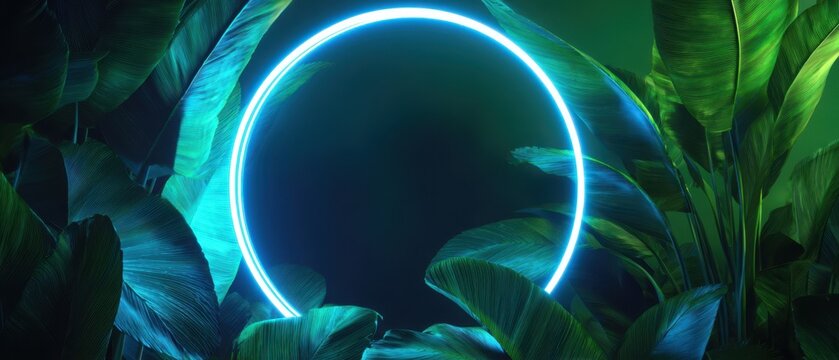 The glowing neon circle surrounded by lush tropical leaves and vibrant greenery. - Powered by Adobe