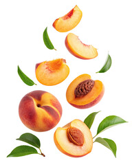 Juicy fresh peaches and green leaves falling isolated on white background vibrant healthy snacks