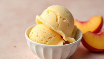 Creamy Peach Ice Cream in a Bowl with Fresh Peach Slices on a Soft Pink Background