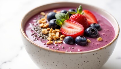 Colorful Berry Smoothie Bowl with Chia Seeds and Fresh Fruits for Healthy Breakfast
