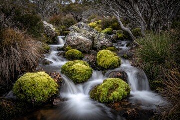 A tranquil mountain stream cascading over mossy rocks