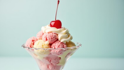 Delicious dessert with three ice cream scoops and cherry on top in elegant glass dish
