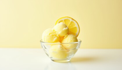 Refreshing Lemon Sorbet in Clear Bowl with Lemon Slice Against Soft Yellow Background