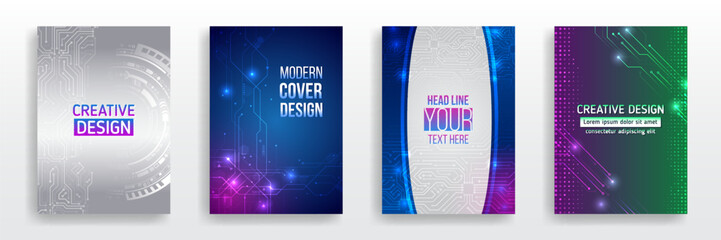 Abstract high-tech flyer templates featuring circuit boards, high-tech elements, radial lines and glowing highlights. Ideal for technology events, digital presentations and futuristic concepts. © arthead