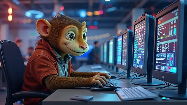 Cartoon Monkey Working on Computer in Tech Startup Office, Coding and Data Analysis