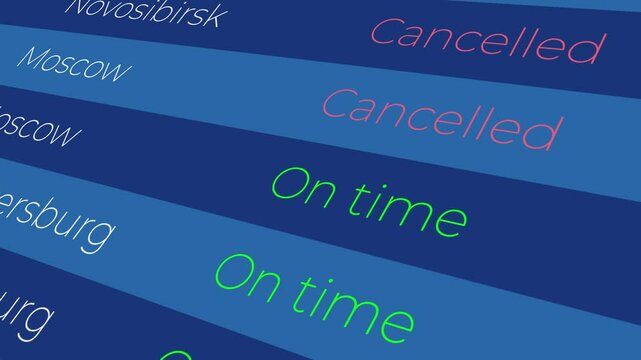 Horizontal 4K video. Flat Animation. Information board at airport. Air traffic cancellation. Flight to Moscow, Russian cities canceled. Planes do not fly to Russia. Public transport problems, collapse