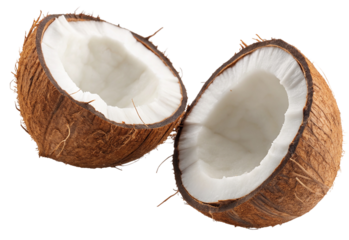 Fresh coconut halves isolated on white background for tropical fruit and diet concept imagery