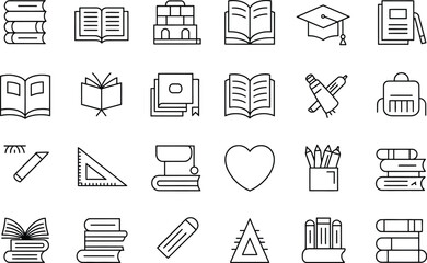 A collection of education and learning icons in outline style on white background