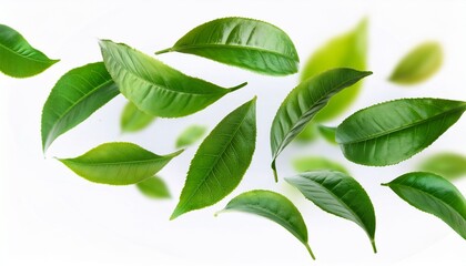 Naklejka premium high quality green tea leaves falling on white background