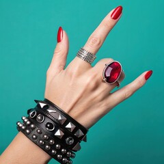 Hand with Red Nail Polish Making Rock On Gesture Wearing Red Gemstone Ring and Black Studded Bracelets on Teal Background