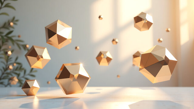 kaleidoscope abstract geometric shapes shimmering metallic hues gold silver suspended soft natural light subtle