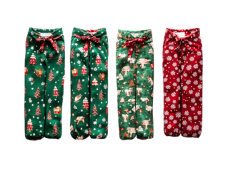 Four pairs of festive christmas pajama pants with holiday patterns isolated on transparent background