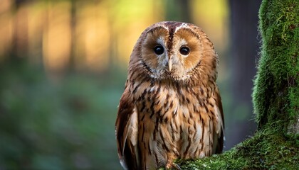 Fototapeta premium tawny owl strix aluco sitiing in the forest