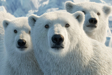 three polar bears are standing in the snow
