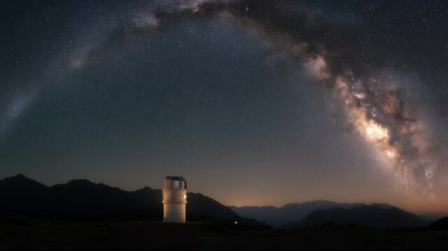 Majestic observatory beneath the arcing milky way galaxy in a starry night sky