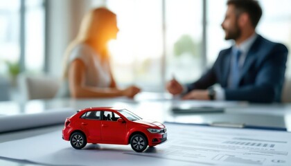 Miniature red car on dealership contract with business professionals discussing sale in background.