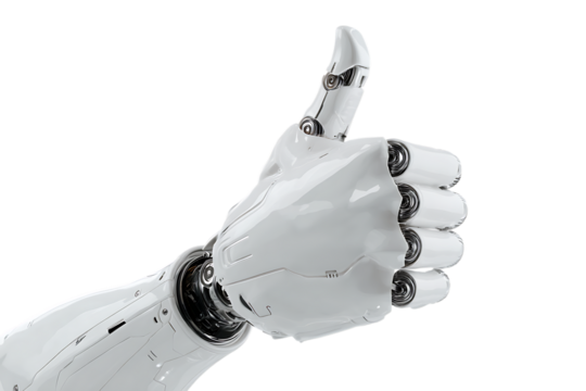 Futuristic robotic hand giving thumbs up gesture.