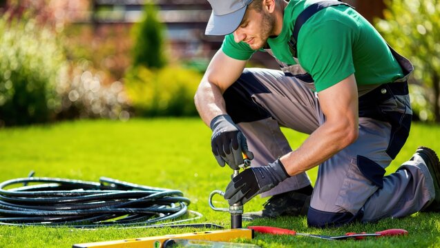 Technician installing garden irrigation system on green lawn with tools and hose during sunny day maintenance work.