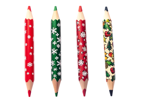 Four christmas themed double sided pencils isolated on transparent background