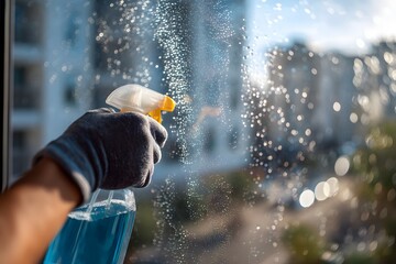 Fototapeta premium Hand in rubber gloves spraying cleaner on window glass during household cleaning