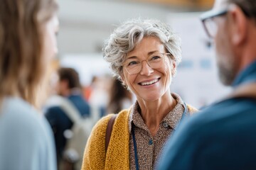 Smiling elderly woman engages warmly in conversation with two ot