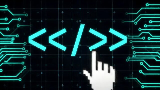 Techy background with coding brackets and mouse cursor, on circuit board with digital grid lines