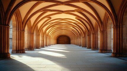 Obraz premium Ancient arched colonnade, sunlit perspective
