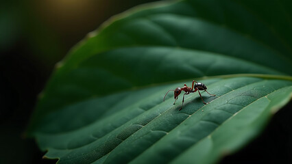 small ant navigates intricate texture leaf veins velvety dark background tiny form rendered exquisite detail